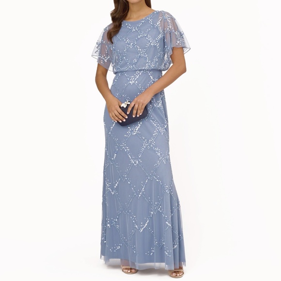 Adrianna Papell -  Beaded Blouson Gown With Flutter Sleeves - Picture 1 of 15